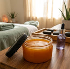 Jar of orange cream with a black lid on a wooden surface, with a bottle and stones in the background.