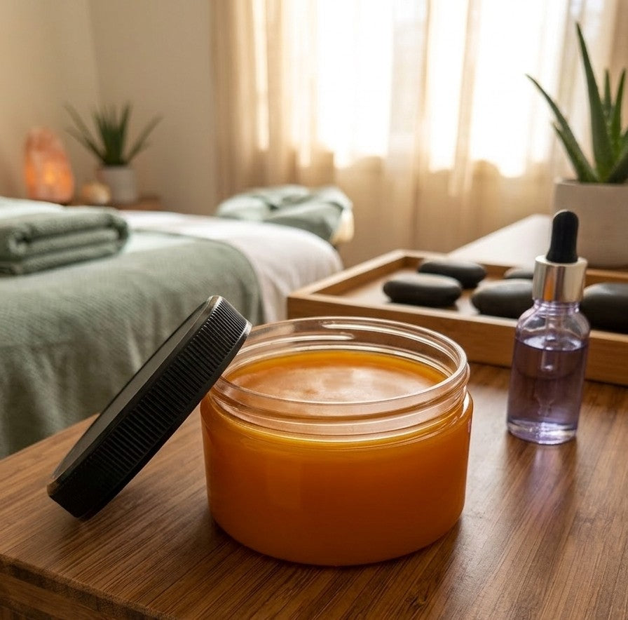 Jar of orange cream with a black lid on a wooden surface, with a bottle and stones in the background.