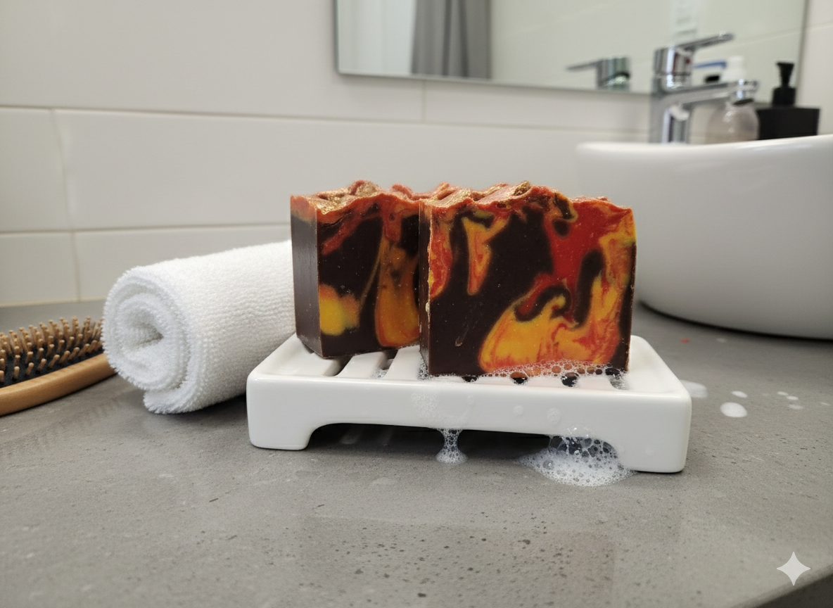 Two soap bars with a flame design on a white soap dish in a bathroom setting.