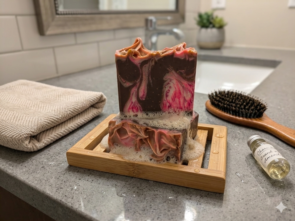 Marbled soap bar on a wooden soap dish with a towel, brush, and bottle in a bathroom setting.