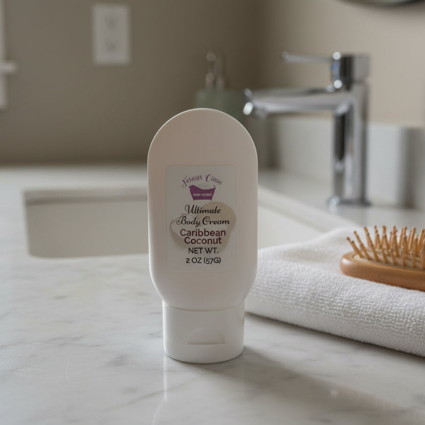 White body cream container with a label on a wooden surface